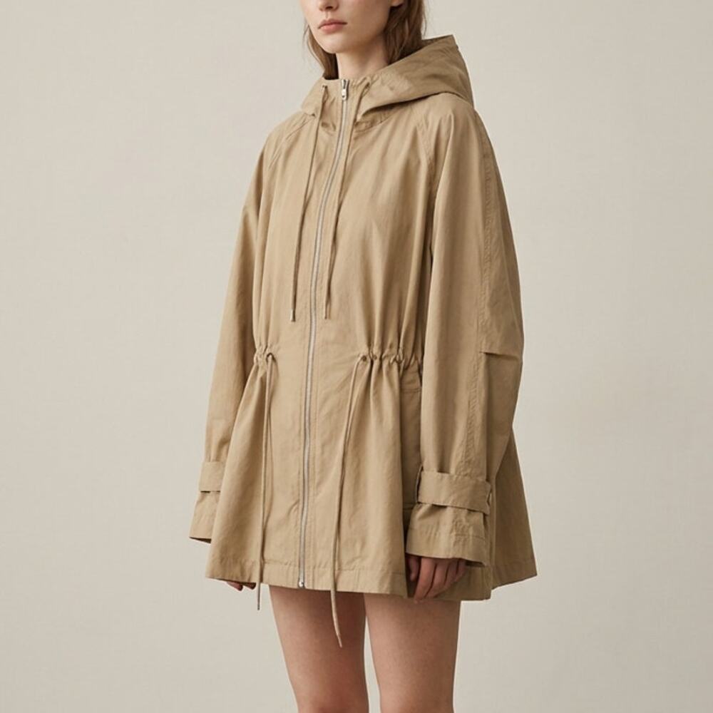 JNBY Tan Cotton Hooded Oversized Full Zip Short Trench Coat Jacket, size S